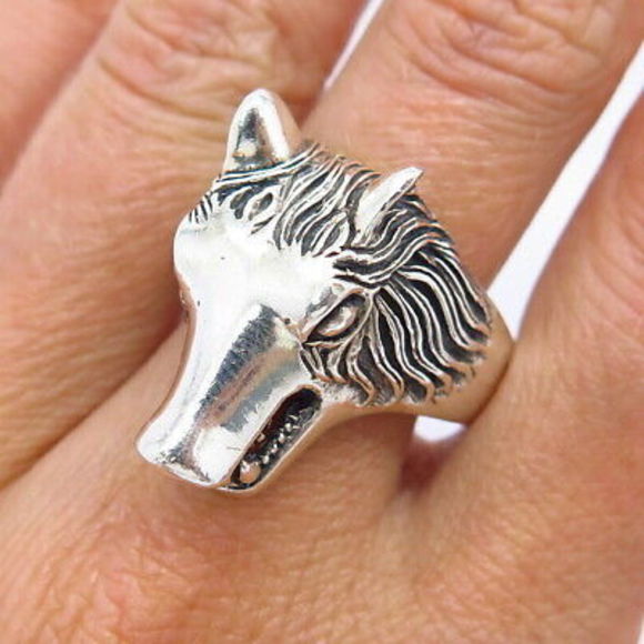 Jewelry - 925 Sterling Silver Grinning Wolf Adjustable Men's Ring Size 10.5